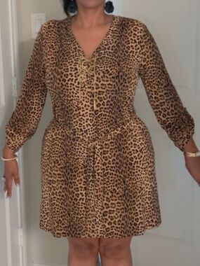 MICHAEL Michael Kors Leopard Print V-Neck Mini Dress - Tan/Black
